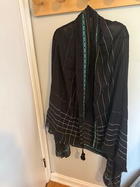 Black Embroidered Lightweight Shawl with Teal Accents